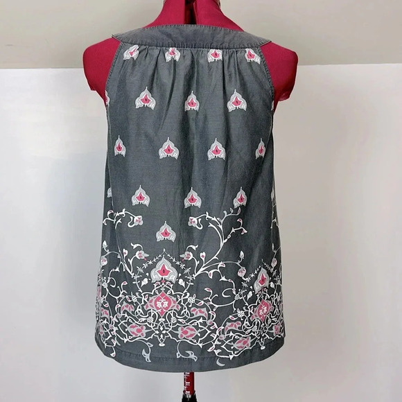 Part 2 silk blend, scoop neck sleeveless blouse, wide collar  band, border print - Picture 4 of 5